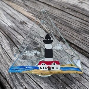 Glass Pyramid Shaped Lighthouse Art Piece Hand Painted Made in Spain